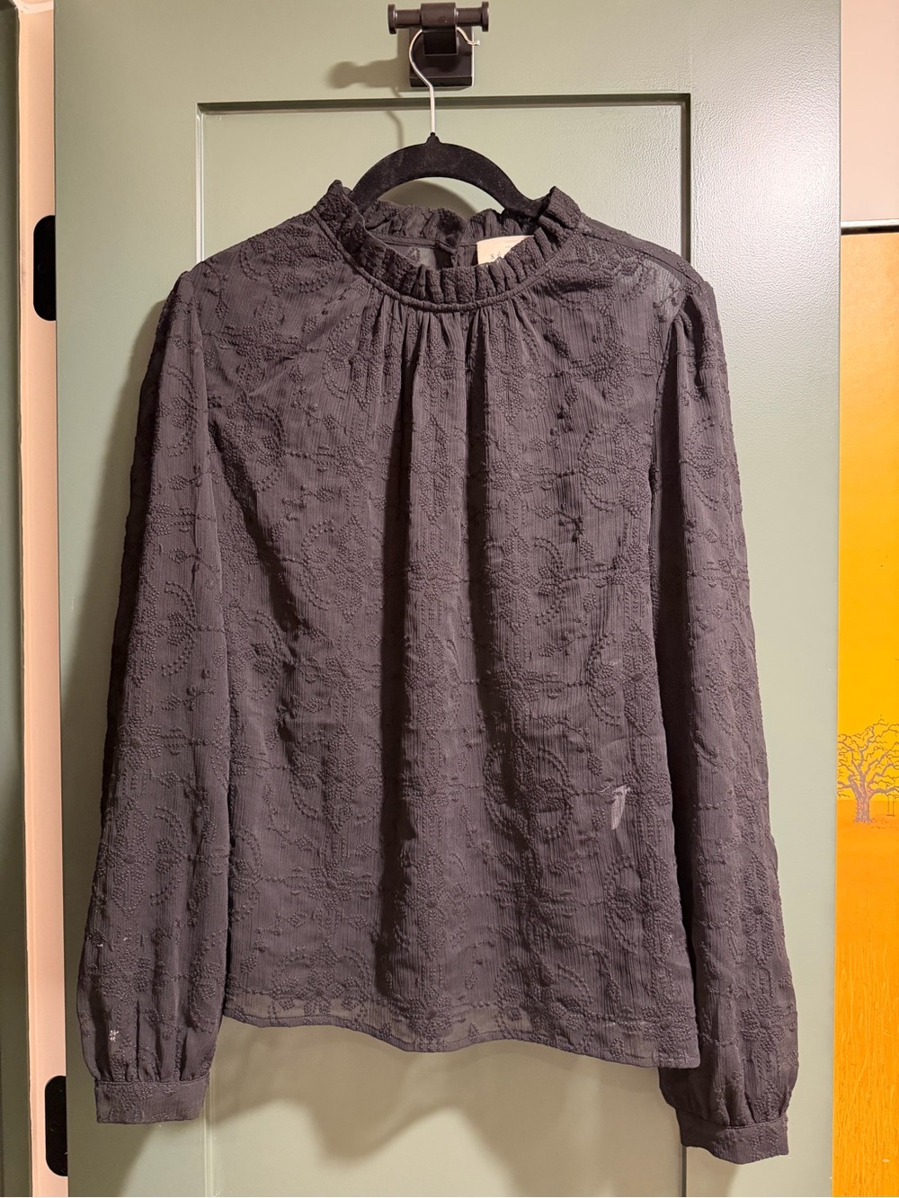 Sezane Black Textured Ruffle-Neck Blouse